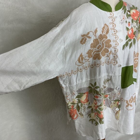 Vintage Citrus Table Linen Floral Cross Stitch Tunic Top L - Picture 2 of 9